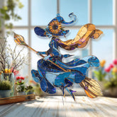 Blue Witch Acrylic Suncatcher, Stained Glass Style Flying Witch with Sunflower Hat and Broom, Gothic Halloween Window Hanging Decor